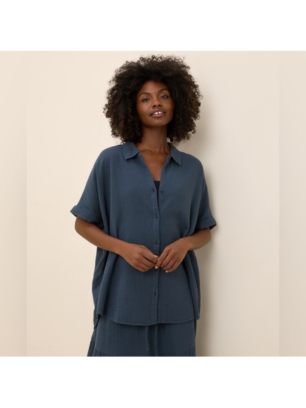 Pact Women's Organic Cotton Coastal Double Gauze Oversized Shirt French Navy
